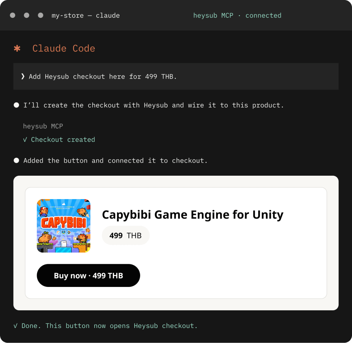 A Claude Code session using Heysub MCP to add a “Buy now · 499 THB” checkout button to a product page.